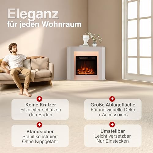 KAMINIO Elektrokamin Matti - Elektrischer Eckkamin mit Heizung, 3D-Flammeneffekt, LED-Ambientelicht, Fernbedienung - Ecke (Weiß) – Bild 3