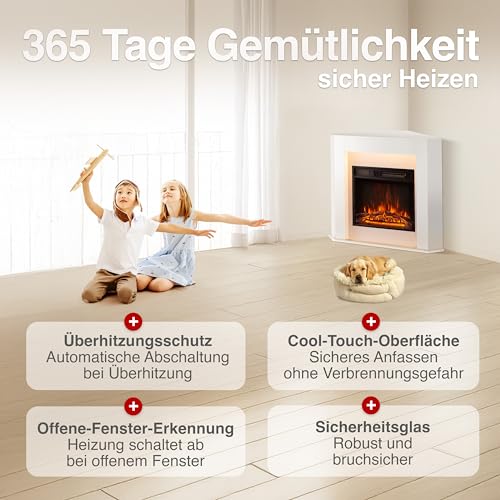 KAMINIO Elektrokamin Matti - Elektrischer Eckkamin mit Heizung, 3D-Flammeneffekt, LED-Ambientelicht, Fernbedienung - Ecke (Weiß) – Bild 6