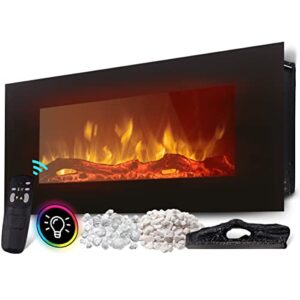 Heidenfeld Elektrokamin HF-WK300 - 𝟯 𝐉𝐀𝐇𝐑𝐄 𝐆𝐀𝐑𝐀𝐍𝐓𝐈𝐄 - 1500 Watt - LED Kamin mit 10 Farben - Fernbedienung - 3D Flammeneffekt - Wandkamin - Kaminofen (Schwarz 128.0 x 55.0 cm)