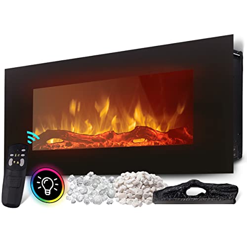 Heidenfeld Elektrokamin HF-WK300 - đŻ đđđđđ đđđđđđđđ - 1500 Watt - LED Kamin mit 10 Farben - Fernbedienung - 3D Flammeneffekt - Wandkamin - Kaminofen (Schwarz 128.0 x 55.0 cm)