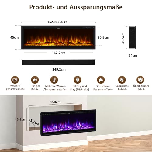 INMOZATA 60 Zoll Elektrokamin mit Heizung, 3-IN-1 Elektrokamin Wand/Einbau/Standkamin,Kamin Elektrisch mit Heizung 900W&1800W, 12 Flammenfarben, Heizfunktion, Thermostat, Timer, Fernbedienung – Bild 3