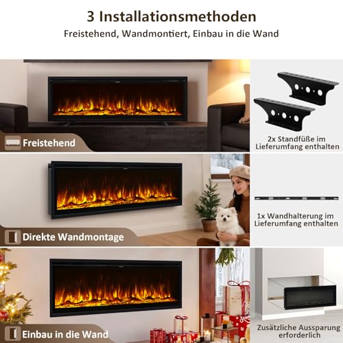 INMOZATA 60 Zoll Elektrokamin mit Heizung, 3-IN-1 Elektrokamin Wand/Einbau/Standkamin,Kamin Elektrisch mit Heizung 900W&1800W, 12 Flammenfarben, Heizfunktion, Thermostat, Timer, Fernbedienung – Bild 4