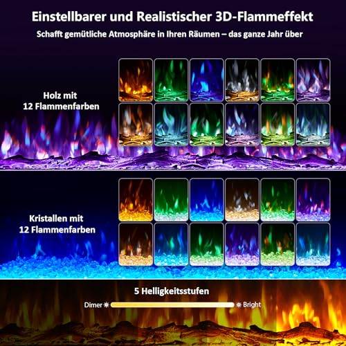 INMOZATA 60 Zoll Elektrokamin mit Heizung, 3-IN-1 Elektrokamin Wand/Einbau/Standkamin,Kamin Elektrisch mit Heizung 900W&1800W, 12 Flammenfarben, Heizfunktion, Thermostat, Timer, Fernbedienung – Bild 5