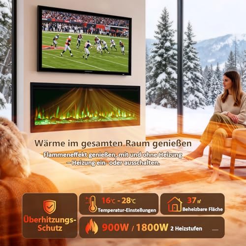 INMOZATA 60 Zoll Elektrokamin mit Heizung, 3-IN-1 Elektrokamin Wand/Einbau/Standkamin,Kamin Elektrisch mit Heizung 900W&1800W, 12 Flammenfarben, Heizfunktion, Thermostat, Timer, Fernbedienung – Bild 6