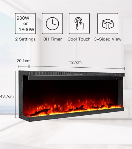 M.C.Haus 3-seitiger Luxus-Elektrokamin mit 3 Installationsmöglichkeiten, Einbaukamin an Multi-Media-Wand, elektrischer Flammeneffekt mit 9 Farben, 1800W, 127cm/50, Schwarz – Bild 3