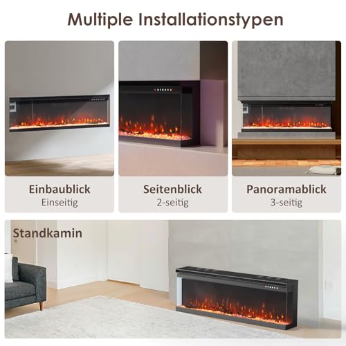 INMOZATA 60 Zoll/152cm Elektrokamin mit Heizung 900/1800W Panorama-Sichtfenster Elektrischer Kamin 3-in-1 Elektrisch Kaminofen mit 12 Flammenfarben, Einstellbarer Thermostat, Überhitzungsschutz – Bild 4