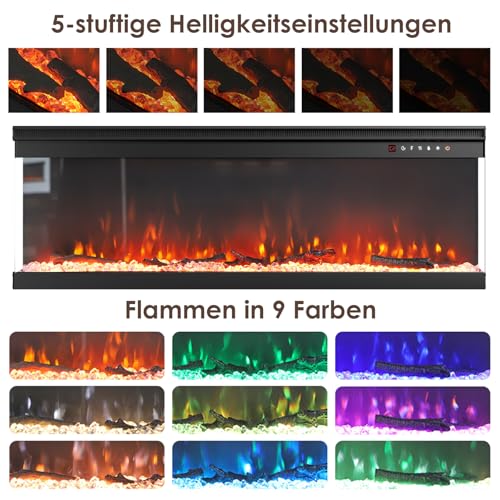 INMOZATA 60 Zoll/152cm Elektrokamin mit Heizung 900/1800W Panorama-Sichtfenster Elektrischer Kamin 3-in-1 Elektrisch Kaminofen mit 12 Flammenfarben, Einstellbarer Thermostat, Überhitzungsschutz – Bild 5