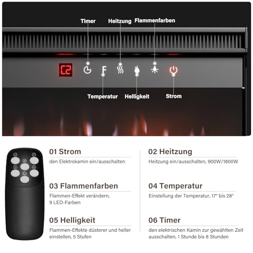 INMOZATA 60 Zoll/152cm Elektrokamin mit Heizung 900/1800W Panorama-Sichtfenster Elektrischer Kamin 3-in-1 Elektrisch Kaminofen mit 12 Flammenfarben, Einstellbarer Thermostat, Überhitzungsschutz – Bild 6