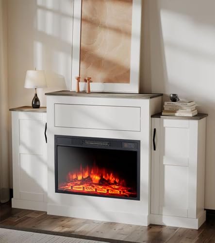 M.C.Haus Elektrischer Kamin TV Stand mit 3 Flammen & 3 Helligkeitsstufen, Timer & Überhitzungsschutz - Geschlossene seitliche Ablagefächer & Push-to-Open Schublade über dem Feuerraum, 150CM