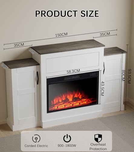 M.C.Haus Elektrischer Kamin TV Stand mit 3 Flammen & 3 Helligkeitsstufen, Timer & Überhitzungsschutz - Geschlossene seitliche Ablagefächer & Push-to-Open Schublade über dem Feuerraum, 150CM – Bild 2