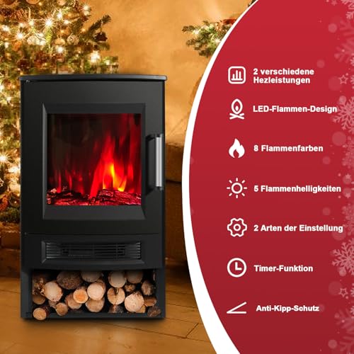 Cecaylie Elektrokamin mit Heizung, Elektro Heizungen, Elektrischer Kamin mit LED Flammen, WiFi Fernbedienung, Heizlüfter mit Timer, Einstellbarer Thermostat, Heizung 900W/1800W Kaminfeuer elektrisch – Bild 4