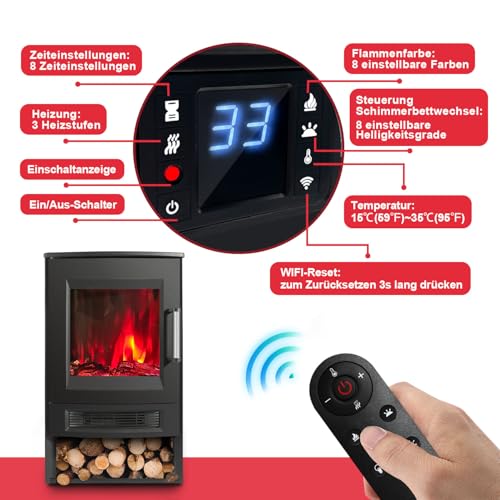 Cecaylie Elektrokamin mit Heizung, Elektro Heizungen, Elektrischer Kamin mit LED Flammen, WiFi Fernbedienung, Heizlüfter mit Timer, Einstellbarer Thermostat, Heizung 900W/1800W Kaminfeuer elektrisch – Bild 5