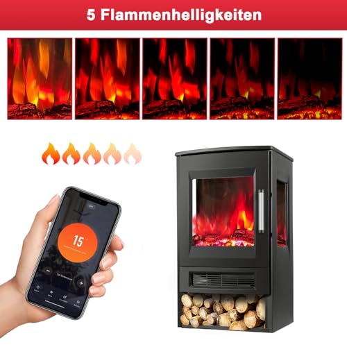 Cecaylie Elektrokamin mit Heizung, Elektro Heizungen, Elektrischer Kamin mit LED Flammen, WiFi Fernbedienung, Heizlüfter mit Timer, Einstellbarer Thermostat, Heizung 900W/1800W Kaminfeuer elektrisch – Bild 7