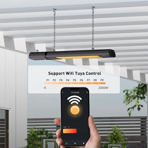 Infrarot Heizstrahler Terrasse 2000W, Deckenheizung, Decken-Heizstrahler Outdoor mit 9-Wärmestufen, Timer 24H, 1s Heizung Kohlenstofffaser-Rohr-Heizung, Terrassenstrahler für Pavillon, Balkon – Bild 6