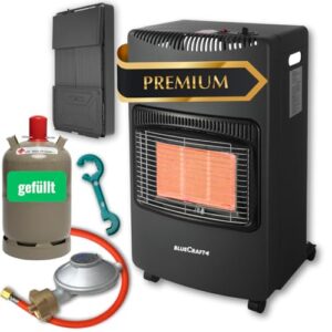 Bluecraft Gas-Ofen Heizofen in PREMIUM QUALITÄT Gasheizer Infrarot Heizstrahler Notofen 4,2 kW | Camping-Heizung mit Gasregler, Gasschlauch, GF-Schlüssel, 11kg Gasflasche gefüllt