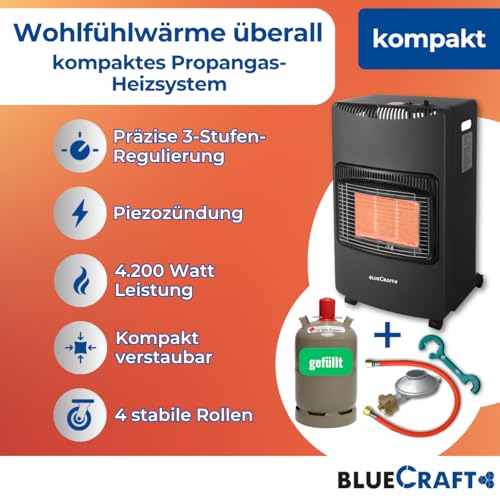 Bluecraft Gas-Ofen Heizofen in PREMIUM QUALITÄT Gasheizer Infrarot Heizstrahler Notofen 4,2 kW | Camping-Heizung mit Gasregler, Gasschlauch, GF-Schlüssel, 11kg Gasflasche gefüllt – Bild 4