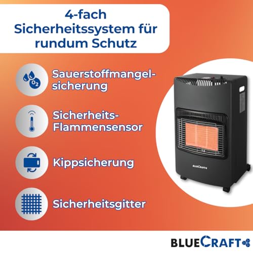 Bluecraft Gas-Ofen Heizofen in PREMIUM QUALITÄT Gasheizer Infrarot Heizstrahler Notofen 4,2 kW | Camping-Heizung mit Gasregler, Gasschlauch, GF-Schlüssel, 11kg Gasflasche gefüllt – Bild 6