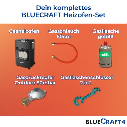 Bluecraft Gas-Ofen Heizofen in PREMIUM QUALITÄT Gasheizer Infrarot Heizstrahler Notofen 4,2 kW | Camping-Heizung mit Gasregler, Gasschlauch, GF-Schlüssel, 11kg Gasflasche gefüllt – Bild 7