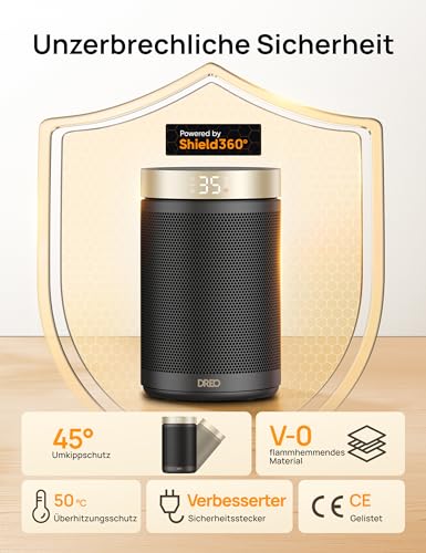 Dreo Energiesparender Heizlüfter, 1500W energiesparender leiser Raumheizer, tragbare Keramik-Fan-Heizer, Thermostat 3 Modi 12H Timer, Überhitzungs- und Kippschutz, für Schlafzimmer, Atom 316, Gold – Bild 5