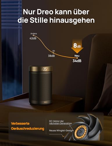 Dreo Energiesparender Heizlüfter, 1500W energiesparender leiser Raumheizer, tragbare Keramik-Fan-Heizer, Thermostat 3 Modi 12H Timer, Überhitzungs- und Kippschutz, für Schlafzimmer, Atom 316, Gold – Bild 7