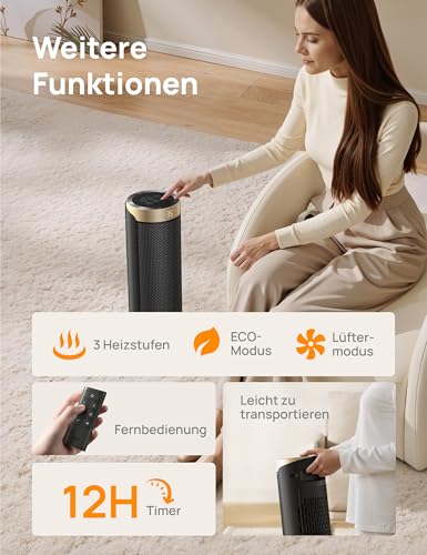 Dreo 2000W Smart Heizlüfter fürs Schlafzimmer, 16 Zoll Tragbarer Heizstrahler mit 70° Oszillation, Thermostat & Fernbedienung, 3 Modi, 3 Geschwindigkeiten, 12h Timer Elektroheizung für Räume – Bild 7