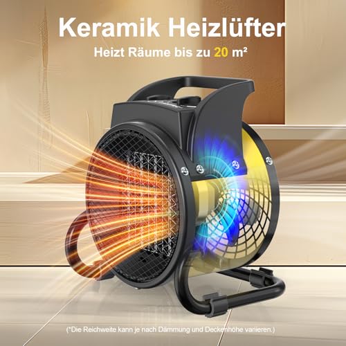 DAHTEC Heizlüfter 2000 Watt Keramik Heizstrahler Elektroheizer Bauheizer Bautrockner mit Thermostat Heizgerät mit 3 Heizstufen für Baustellen, Hausgebrauch, Werkstatt,Garage – Bild 3
