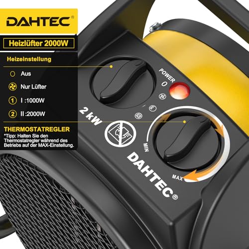 DAHTEC Heizlüfter 2000 Watt Keramik Heizstrahler Elektroheizer Bauheizer Bautrockner mit Thermostat Heizgerät mit 3 Heizstufen für Baustellen, Hausgebrauch, Werkstatt,Garage – Bild 5