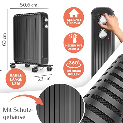 KESSER® Ölradiator energiesparend 2500W | Thermostat, Schnell Heizlüfter | Elektroheizung ölgefüllt 3 Heizstufen, Schutzgehäuse, 360° Rollen | Konvektor Heizung elektrisch | Electric Heater, Schwarz – Bild 2