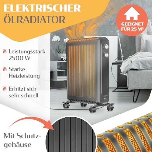 KESSER® Ölradiator energiesparend 2500W | Thermostat, Schnell Heizlüfter | Elektroheizung ölgefüllt 3 Heizstufen, Schutzgehäuse, 360° Rollen | Konvektor Heizung elektrisch | Electric Heater, Schwarz – Bild 3