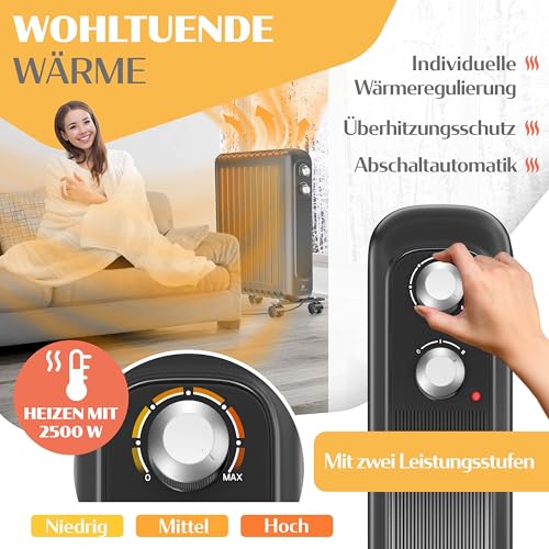 KESSER® Ölradiator energiesparend 2500W | Thermostat, Schnell Heizlüfter | Elektroheizung ölgefüllt 3 Heizstufen, Schutzgehäuse, 360° Rollen | Konvektor Heizung elektrisch | Electric Heater, Schwarz – Bild 4