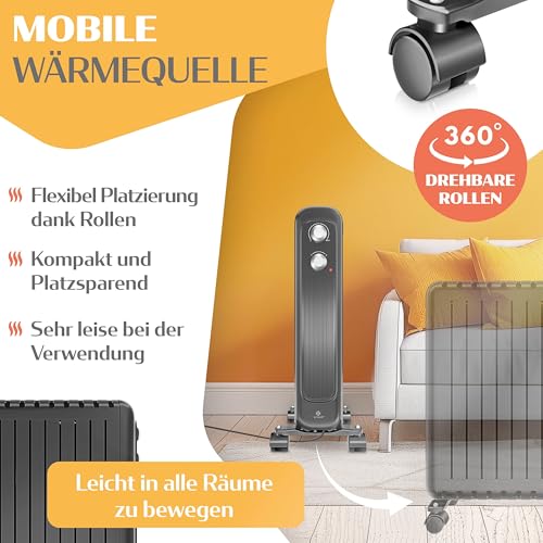 KESSER® Ölradiator energiesparend 2500W | Thermostat, Schnell Heizlüfter | Elektroheizung ölgefüllt 3 Heizstufen, Schutzgehäuse, 360° Rollen | Konvektor Heizung elektrisch | Electric Heater, Schwarz – Bild 5
