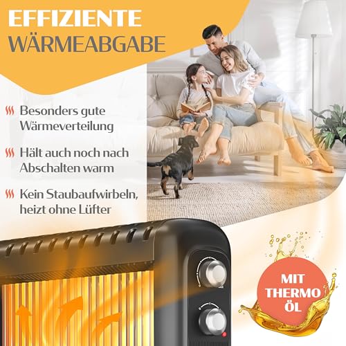 KESSER® Ölradiator energiesparend 2500W | Thermostat, Schnell Heizlüfter | Elektroheizung ölgefüllt 3 Heizstufen, Schutzgehäuse, 360° Rollen | Konvektor Heizung elektrisch | Electric Heater, Schwarz – Bild 6