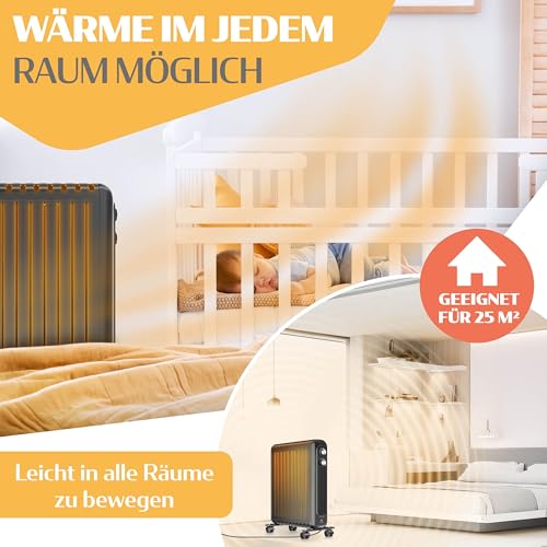 KESSER® Ölradiator energiesparend 2500W | Thermostat, Schnell Heizlüfter | Elektroheizung ölgefüllt 3 Heizstufen, Schutzgehäuse, 360° Rollen | Konvektor Heizung elektrisch | Electric Heater, Schwarz – Bild 7