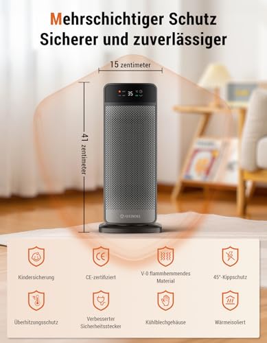 Ateroll Heizlüfter Energiesparend, PTC 2000W Keramik Heizung mit Fernbedienung, 70° Oszillierend, ECO-Modus, 24H Timer, 16 Zoll Elektroheizung für Räume, Überhitzungs-Kippschutz – Bild 7
