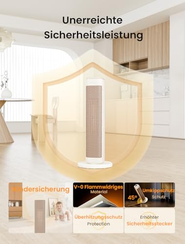 AIRMATE Heizlüfter Energiesparend, 63cm Keramik Heizlüfter Leise, 80° Oszillierend Heizung mit Fernbedienung und Thermostat, 3 Modu, ECO, 24H Timer, 2000W Space Heater, Überhitzungs-Kippschutz – Bild 3