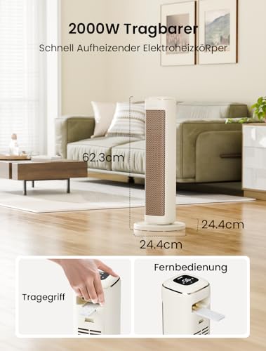 AIRMATE Heizlüfter Energiesparend, 63cm Keramik Heizlüfter Leise, 80° Oszillierend Heizung mit Fernbedienung und Thermostat, 3 Modu, ECO, 24H Timer, 2000W Space Heater, Überhitzungs-Kippschutz – Bild 5