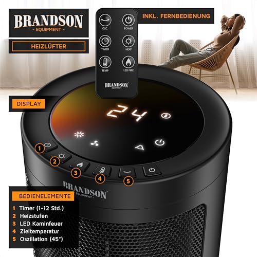 Brandson - Heizlüfter energiesparend leise - Kaminfeuer Effekt - Oszillation - mit Fernbedienung - Preisträger - 2 Stufen - Timer - Bad Wohnzimmer Büro Kinderzimmer – Bild 4
