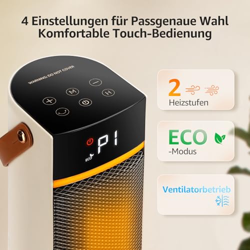 Aigostar - Heizlüfter Energiesparend, 2000W Elektrische Heizung mit Fernbedienung, ECO Modus, PTC Keramik Heizlüfter, 24H Timer, Leise, 75° Oszillation, 4 Heizmodi, Kipp und Überhitzungsschutz, Weiß – Bild 3