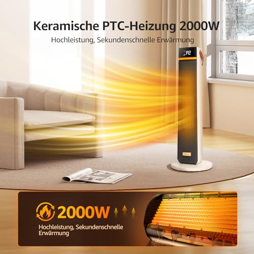 Aigostar - Heizlüfter Energiesparend, 2000W Elektrische Heizung mit Fernbedienung, ECO Modus, PTC Keramik Heizlüfter, 24H Timer, Leise, 75° Oszillation, 4 Heizmodi, Kipp und Überhitzungsschutz, Weiß – Bild 4