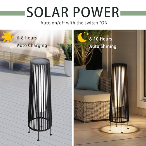 TRIROCKS Außenstehlampe, 2-Teilige Solarbetriebene Laterne, Geflochtene Solar-Terrassenlampe mit Olifen-Seil, Wasserdichtes Rattan-Solar-Decklicht für Terrasse, Garten, Rasen, Hof (Schwarz) – Bild 3