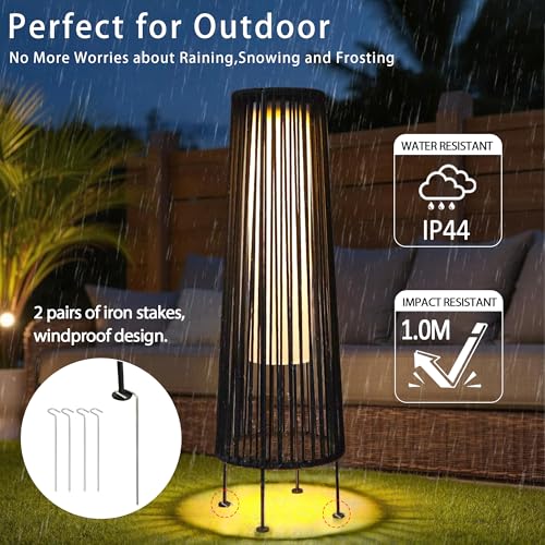 TRIROCKS Außenstehlampe, 2-Teilige Solarbetriebene Laterne, Geflochtene Solar-Terrassenlampe mit Olifen-Seil, Wasserdichtes Rattan-Solar-Decklicht für Terrasse, Garten, Rasen, Hof (Schwarz) – Bild 4