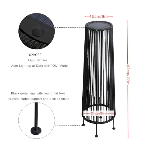 TRIROCKS Außenstehlampe, 2-Teilige Solarbetriebene Laterne, Geflochtene Solar-Terrassenlampe mit Olifen-Seil, Wasserdichtes Rattan-Solar-Decklicht für Terrasse, Garten, Rasen, Hof (Schwarz) – Bild 6