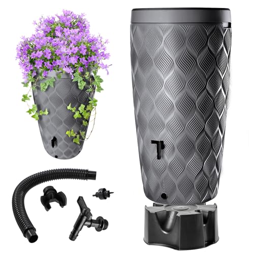 KADAX Regentonne mit im Deckel integrierter Pflanzschale 240 L, Regenfass aus Kunststoff, Regenwasserbehälter mit Wasserhahn und Standfuß, Regentank (Dunkelgrau)