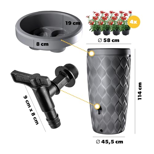 KADAX Regentonne mit im Deckel integrierter Pflanzschale 240 L, Regenfass aus Kunststoff, Regenwasserbehälter mit Wasserhahn und Standfuß, Regentank (Dunkelgrau) – Bild 2
