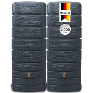 4rain Slim Stone Decor Regentonne Set 1000 Liter Graphitgrau – 2X Regenfass/Wassertank 500 Liter mit Verbinder Hahn – Frostsicherer Regenwassertank/Regenwassertonne - Wassertonne für Garten