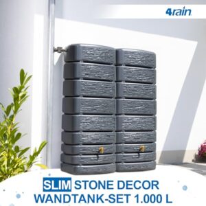 Alternative view of 4rain Slim Stone Decor Regentonne Set 1000 Liter Graphitgrau – 2X Regenfass/Wassertank 500 Liter mit Verbinder Hahn – Frostsicherer Regenwassertank/Regenwassertonne - Wassertonne für Garten