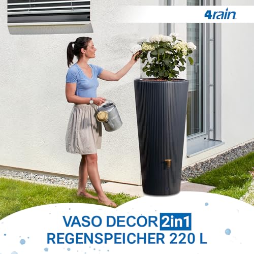 4rain Vaso 2in1 Decor Regentonne 220 Liter Graphite Grey inkl. Kunststoff-Auslaufhahn und Fallrohranschluss - Regenfass, Regenwassersammler, Regenwassertank, Wasserbehälter, Wassertank, Regensammler – Bild 2