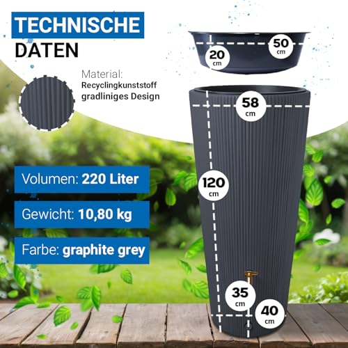 4rain Vaso 2in1 Decor Regentonne 220 Liter Graphite Grey inkl. Kunststoff-Auslaufhahn und Fallrohranschluss - Regenfass, Regenwassersammler, Regenwassertank, Wasserbehälter, Wassertank, Regensammler – Bild 3