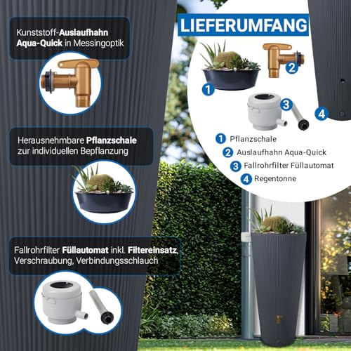 4rain Vaso 2in1 Decor Regentonne 220 Liter Graphite Grey inkl. Kunststoff-Auslaufhahn und Fallrohranschluss - Regenfass, Regenwassersammler, Regenwassertank, Wasserbehälter, Wassertank, Regensammler – Bild 4