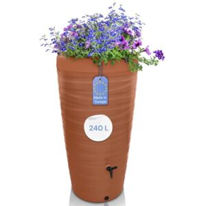 YourCasa Regentonne 240 Liter [Wave Design] Regenfass Frostsicher aus Kunststoff - Regenwassertonne mit Wasserhahn - Regenwassertank Garten Regenwassersammler Wasserfass Regentonne schmal (Terracotta)